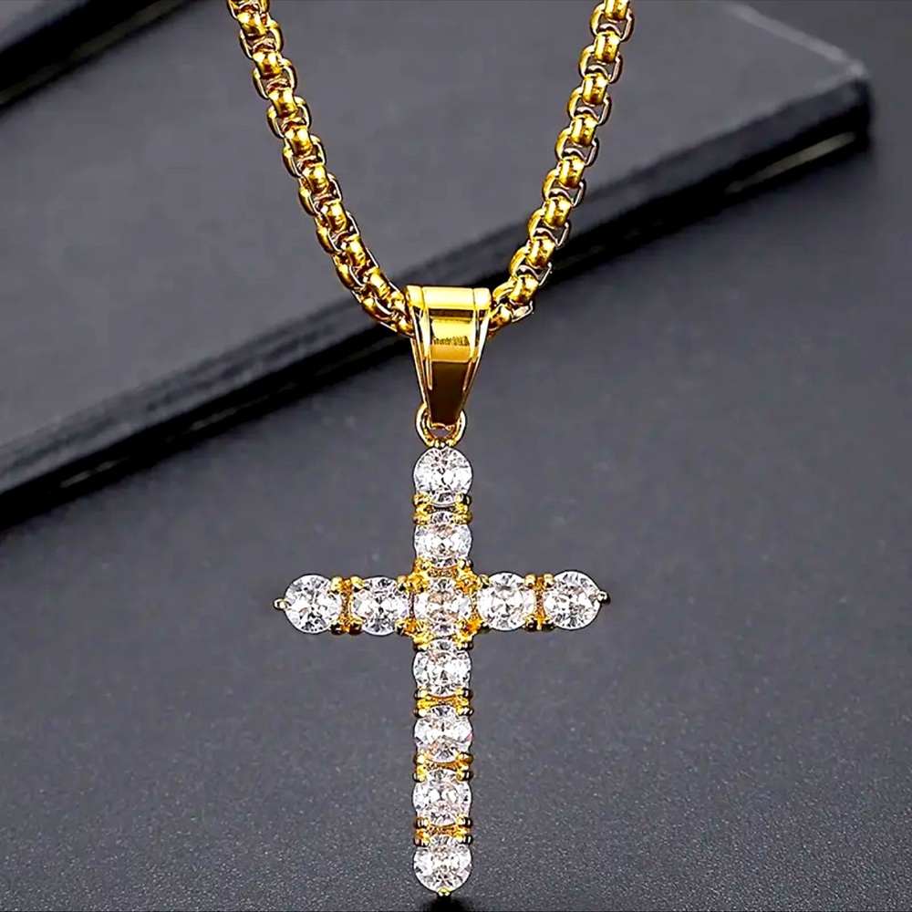 Gold Plated Stainless Steel & CZ Cross Pendant Necklace For Men Women